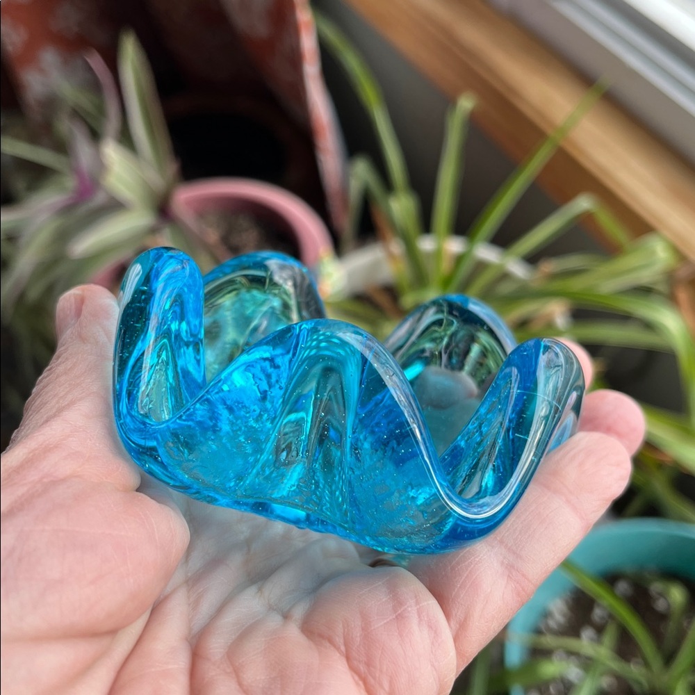 Vtg Ice Blue Swung Glass Trinket Candy Jewelry Dish Ashtray MCM Decor